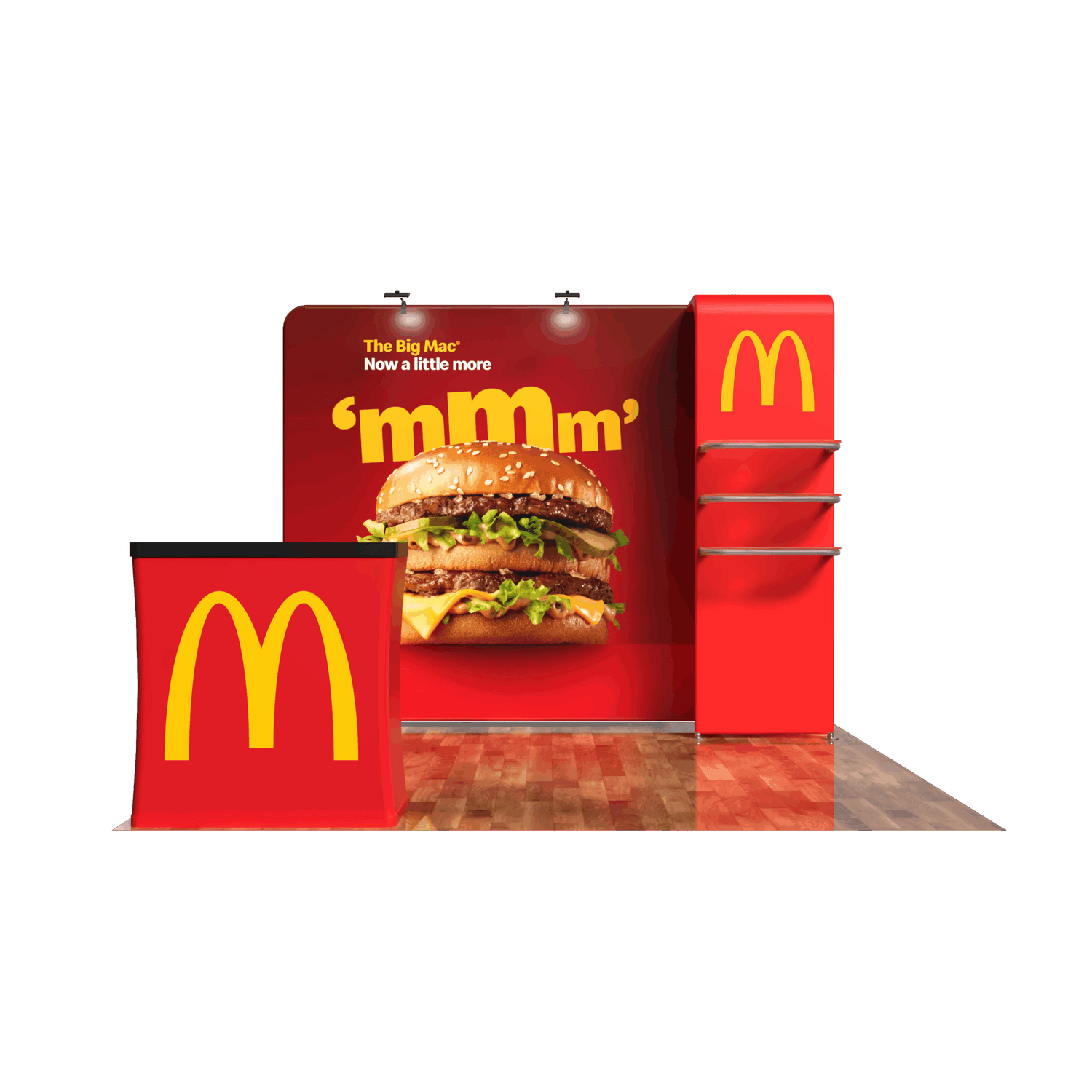 10x10 Trade Show Display that has a wooden floor and podium. 10ft trade show display has two lights on the top and a graphic of a woman on the background.