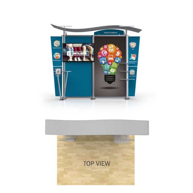 The 10ft Timberline Wave Canopy Tapered Kit 5 by Affordable Exhibit Displays features a digital media theme with SEG fabric graphics, screens, icon-lit lightbulb, brochure stands, curved counter, and a top view layout on a light wood floor.