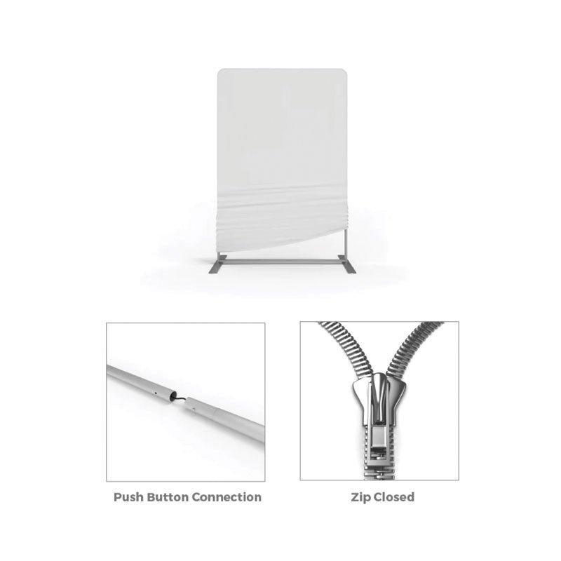 A close-up of a white sign highlights the sleek aluminum tubing frame of the 20ft Waveline Media B-Series Caribbean by Affordable Exhibit Displays—ideal for a tension fabric trade show display.