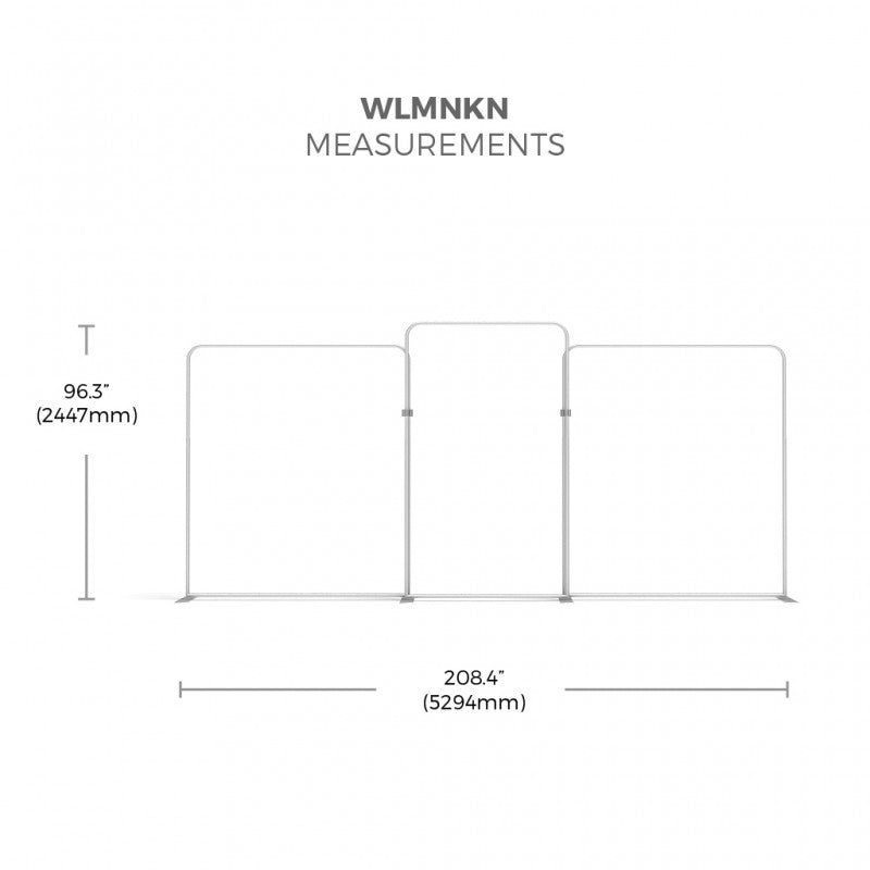 Diagram showing WLMNKN measurements for the 20ft Waveline Media M-Series Kit 06 by Affordable Exhibit Displays: a three-panel frame, 96.3 in (2447 mm) tall and 208.4 in (5294 mm) wide, with labeled vertical and horizontal arrows.