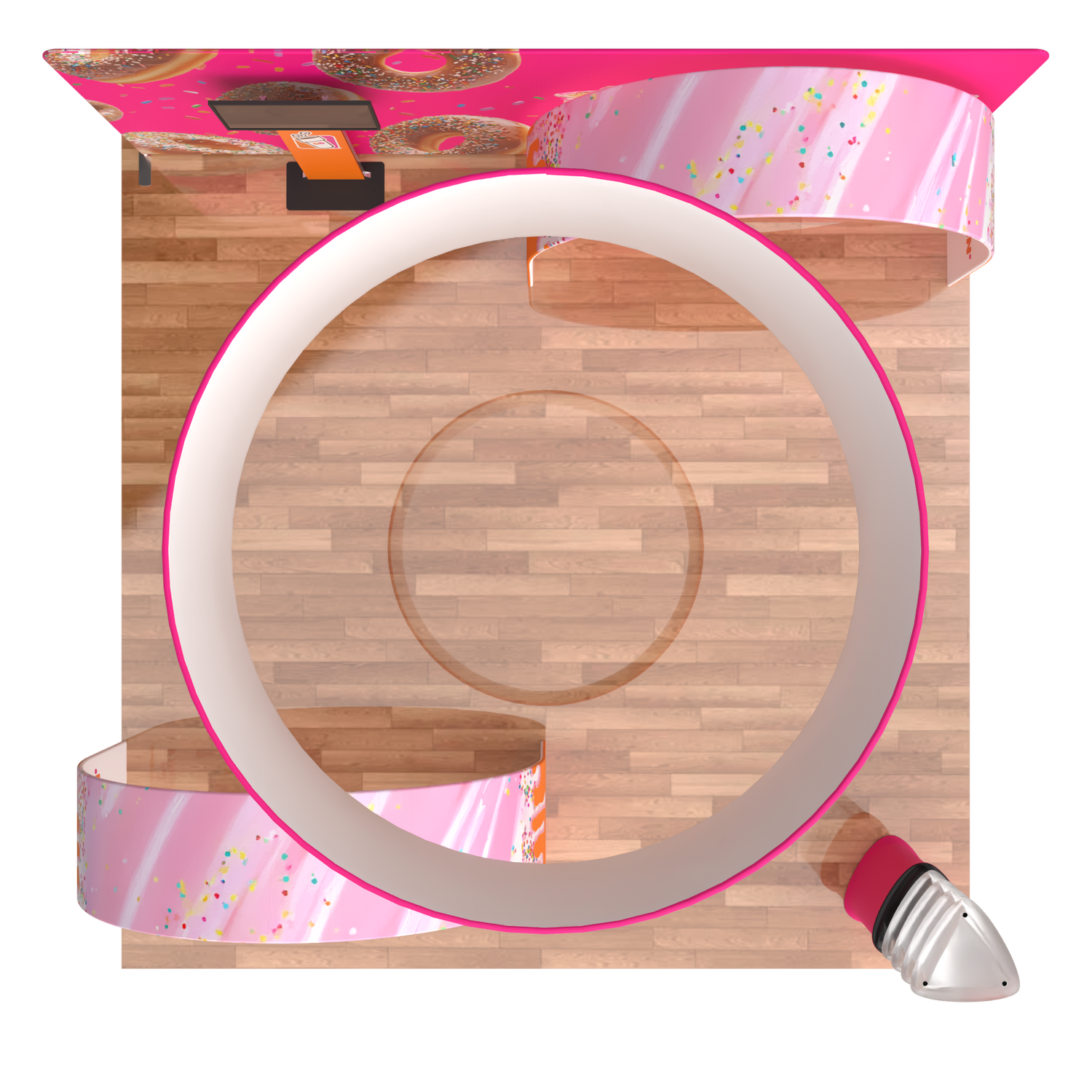 Top-down view of the Waveline 20ft Maui Booth Kit by Affordable Exhibit Displays, featuring pink, sprinkle-inspired accents, a circular counter, wood-patterned floor, and small red checkout—ideal for playful tradeshow displays.
