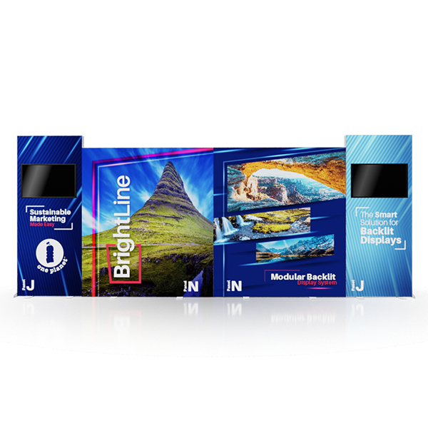 The 20ft BrightLine JNNJ Kit by Affordable Exhibit Displays is a modular light box featuring vibrant nature images, blue panels, two screens, and backlit graphics to promote sustainable marketing and smart display solutions.