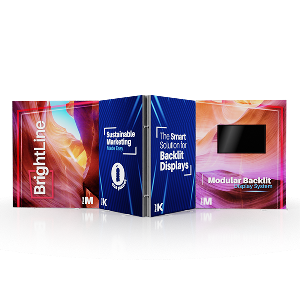 The 20ft BrightLine MKKM Kit by Affordable Exhibit Displays is a colorful modular booth with backlit graphics and bold text panels: “Bright Line,” “Sustainable Marketing Made Easy,” and “The Smart Solution for Backlit Displays.”.