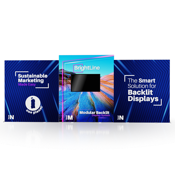 Three blue display panels for the 20ft BrightLine NMN Kit by Affordable Exhibit Displays: left panel reads “Sustainable Marketing Made Easy” with logo, center features hills and “BrightLine Modular Backlit Display System”, right shows “The Smart Solution.”.