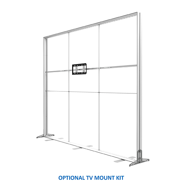 The 20ft StraightLine FA2 Kit by Affordable Exhibit Displays features a SEG display metal frame with a central TV mount bracket on two wide feet. The text reads: OPTIONAL TV MOUNT KIT, ideal for modular trade show booths.