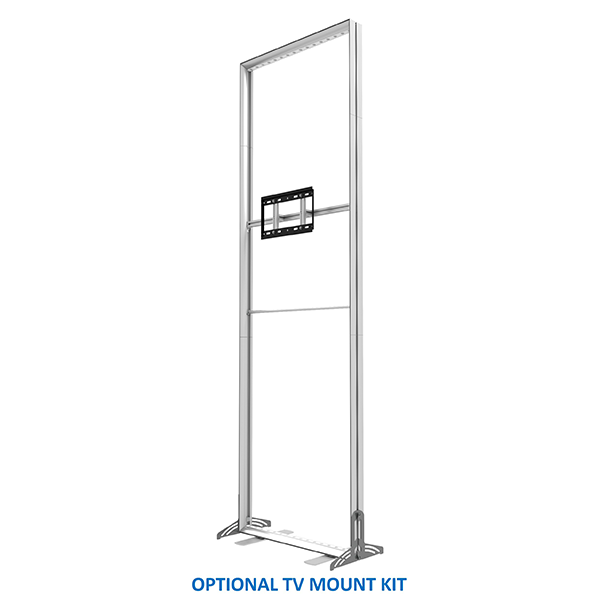 The 20ft BrightLine W2DD Kit by Affordable Exhibit Displays is a tall, freestanding metal frame with wide feet and an optional TV mount kit for backlit graphics.