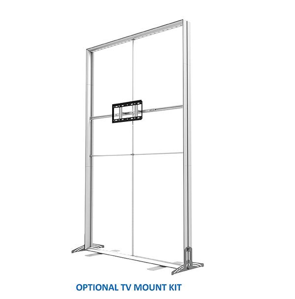 The 20ft StraightLine MKKM Kit by Affordable Exhibit Displays is a freestanding transparent partition with a metal frame, central TV mount bracket, wide base feet for stability, and is compatible with the 20ft StraightLine SEG display. OPTIONAL TV MOUNT KIT.