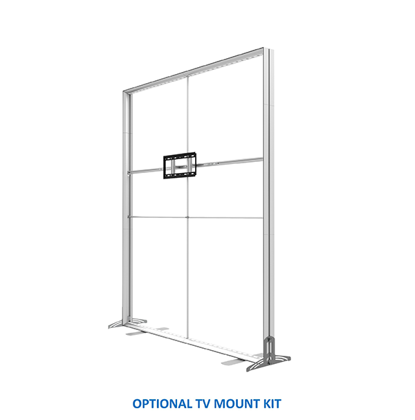 Line drawing of the 20ft StraightLine MKKM Kit by Affordable Exhibit Displays shows a freestanding metal frame with central TV mount bracket and wide feet for stability. Text below reads: OPTIONAL TV MOUNT KIT.