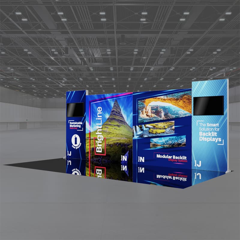 A trade show booth showcases the powerful impact of the 20ft BrightLine JNNJ Kit by Affordable Exhibit Displays, featuring large, colorful, backlit graphics and “The Smart Solution for Backlit Displays” in a spacious convention center.