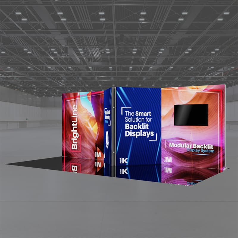 The 20ft BrightLine MKKM Kit by Affordable Exhibit Displays, a modular SEG display with vivid backlit graphics, screen, and text