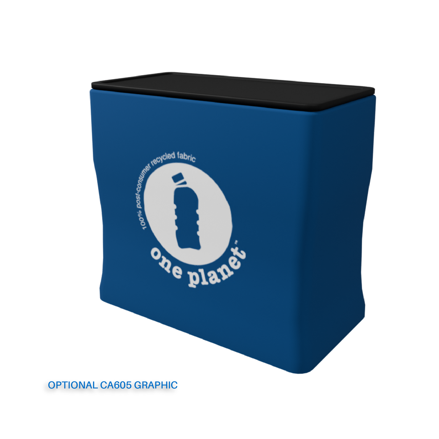 The Waveline 20ft Hydra Booth Kit by Affordable Exhibit Displays features a blue fabric cover with a white circular bottle logo,