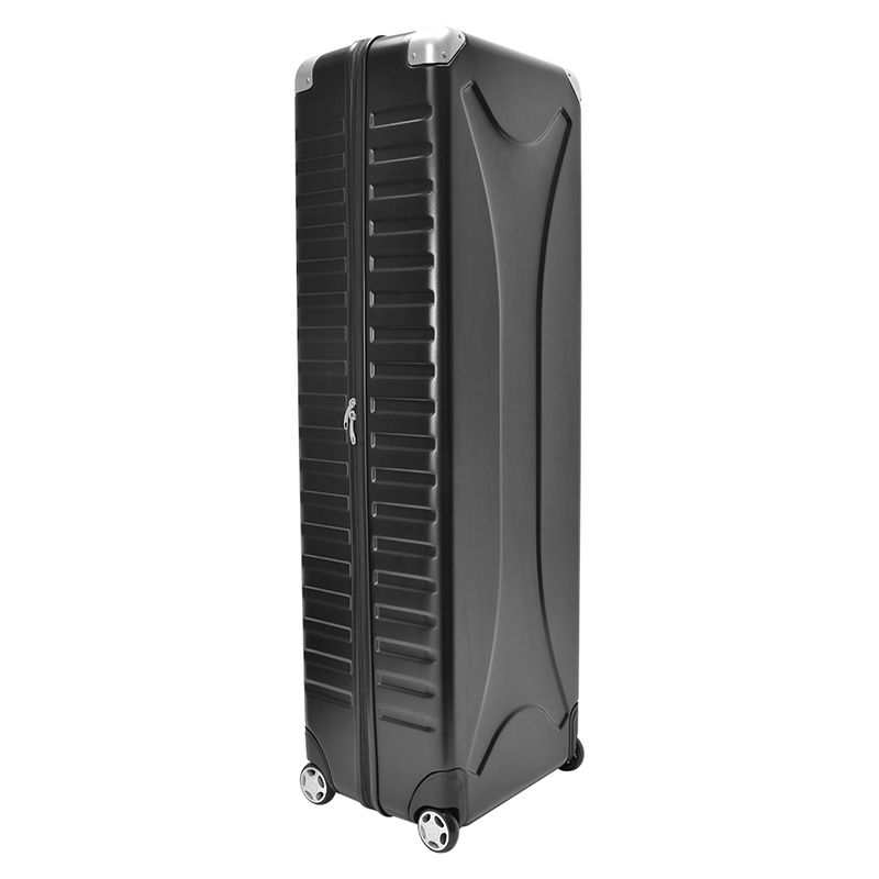 A black wheeled suitcase, ideal for transporting your 20ft BrightLine MKKM Kit or accessories from Affordable Exhibit Displays.
