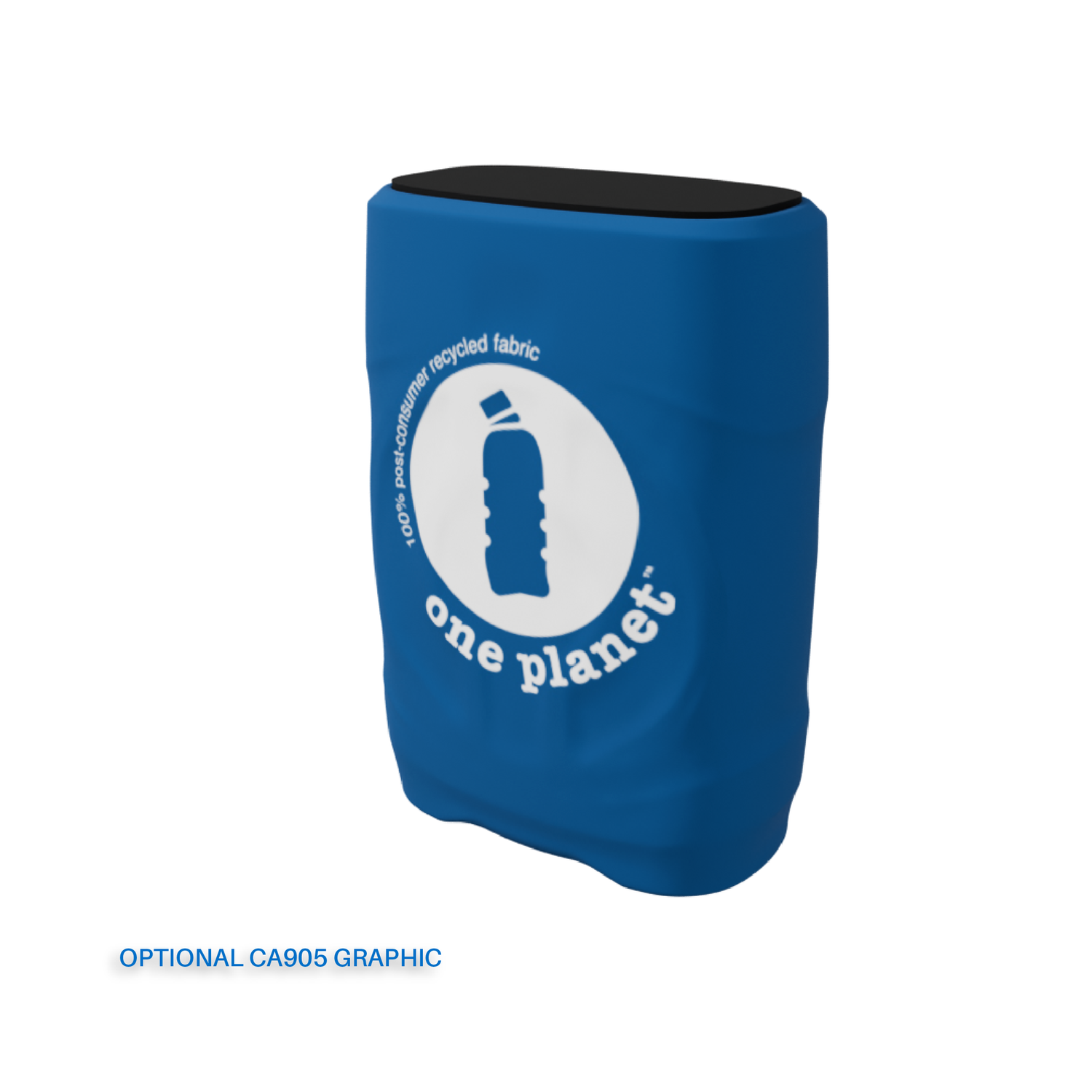 A blue rectangular container with a black top, fabric cover, and white bottle logo stating