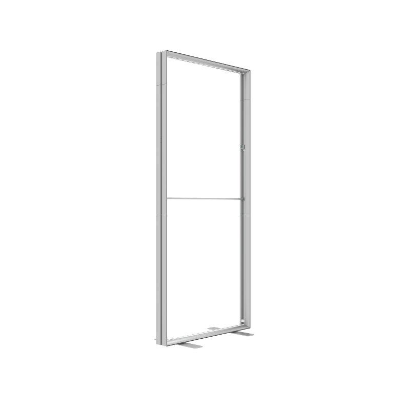 The 20ft BrightLine W2DD Kit by Affordable Exhibit Displays stands upright on a white background—a sleek, metallic SEG frame that highlights backlit graphics, with no door attached.