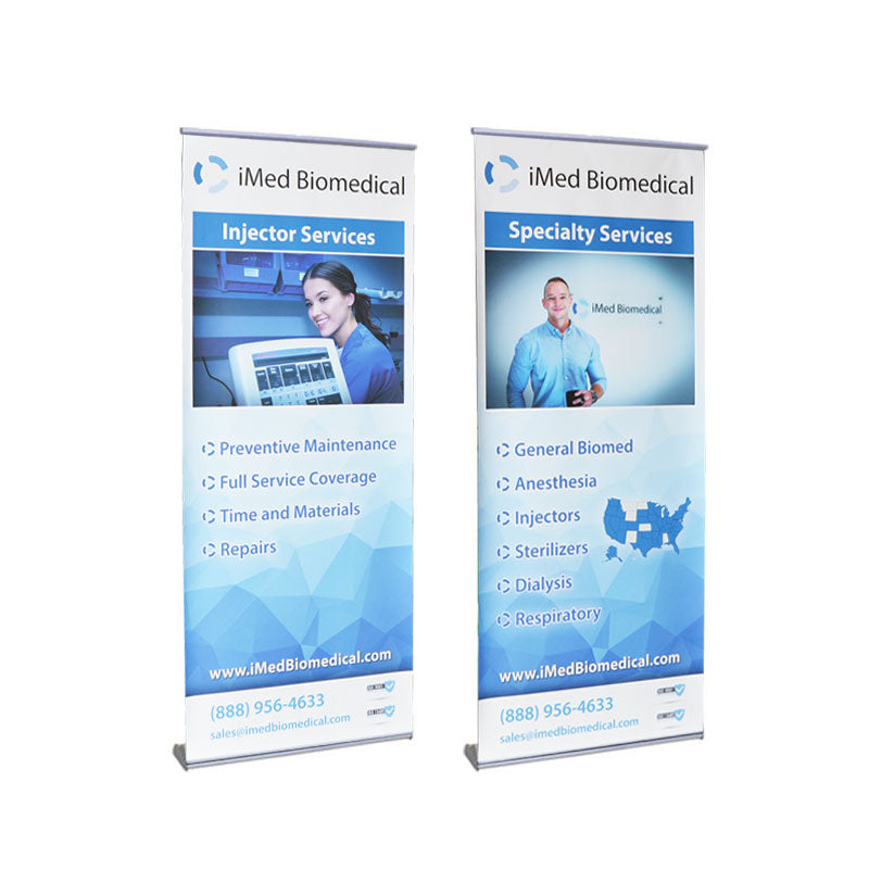 Two Orient Standard Retractable Banner Stands display iMed Biomedical’s Injector and Specialty Services with custom graphics, including preventive maintenance, repairs, anesthesia/dialysis info, contacts, and blue medical images.