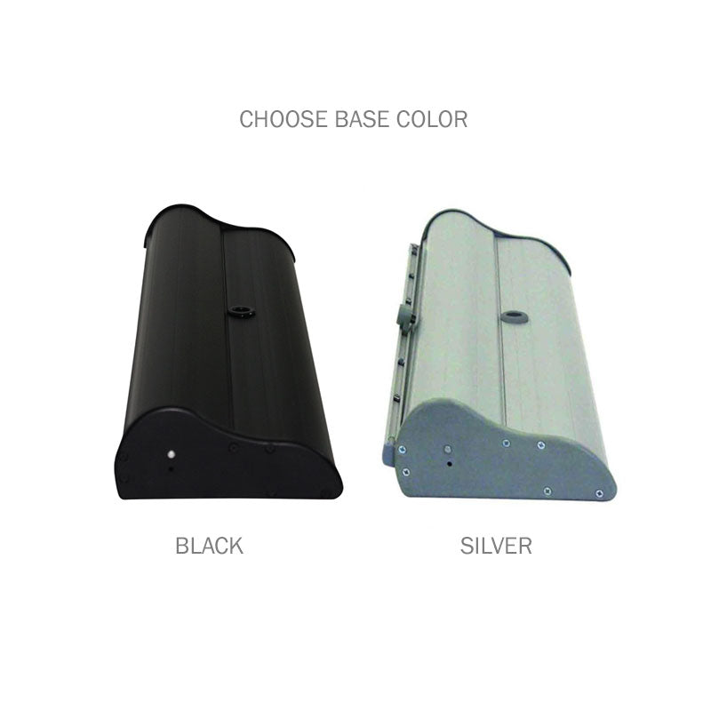 Two Orient Standard Retractable Banner Stands are shown side by side—one with a black base on the left, one with a silver base on the right.