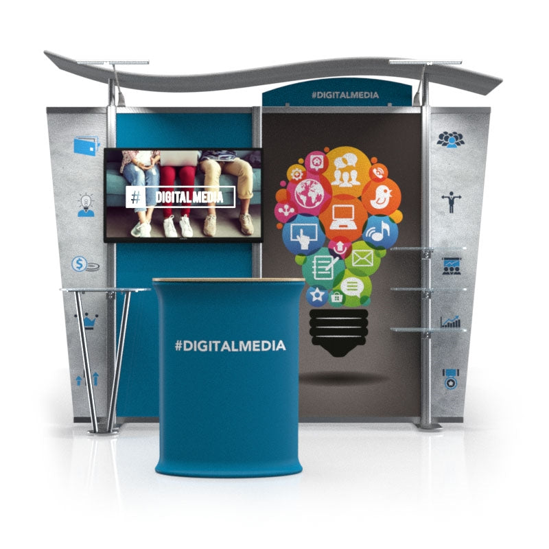 The 10ft Timberline Wave Canopy Kit 8 by Affordable Exhibit Displays features a large DIGITAL MEDIA banner, SEG fabric graphic with digital icon lightbulb, TV displaying runners, and a #DIGITALMEDIA counter in blue and silver.
