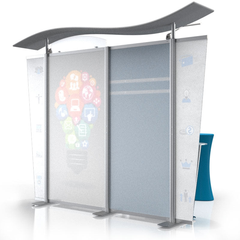 The 10ft Timberline Wave Canopy Kit 8 by Affordable Exhibit Displays features a curved top, frosted glass panels, and a vibrant lightbulb graphic with icons, plus a blue chair partially visible behind the right panel.