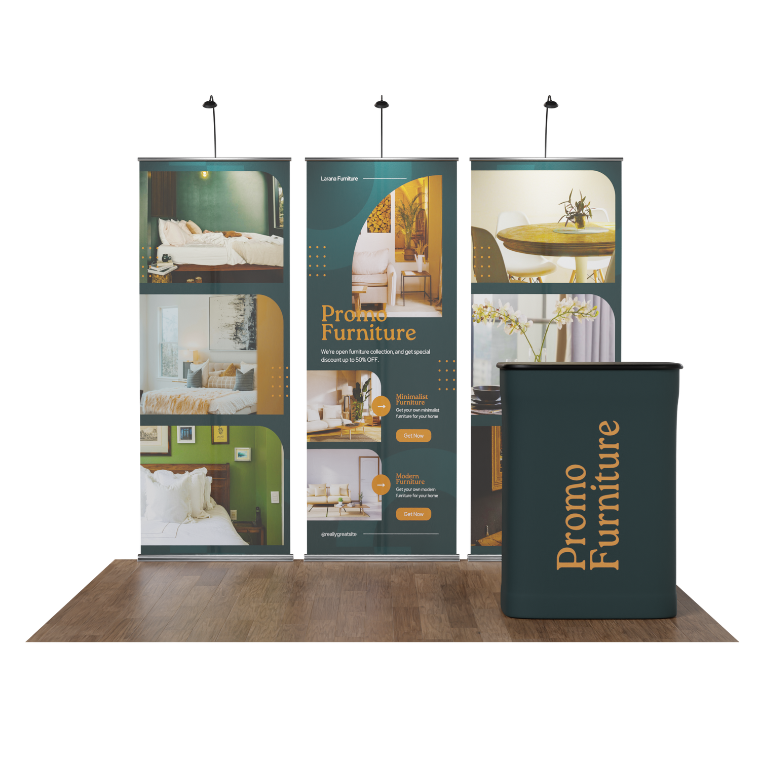 3 green banner stands on a wooden floor with a podium and a transparent background