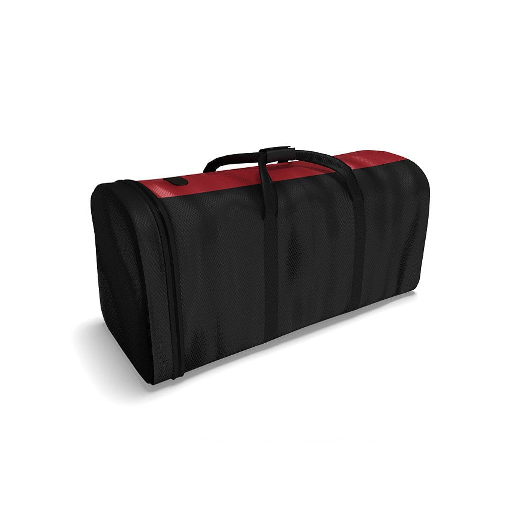A rectangular black duffel bag with a red top panel and black handles, perfect for carrying your Affordable Exhibit Displays 10ft Waveline Media M-Series Kit 09, is shown on a white background.