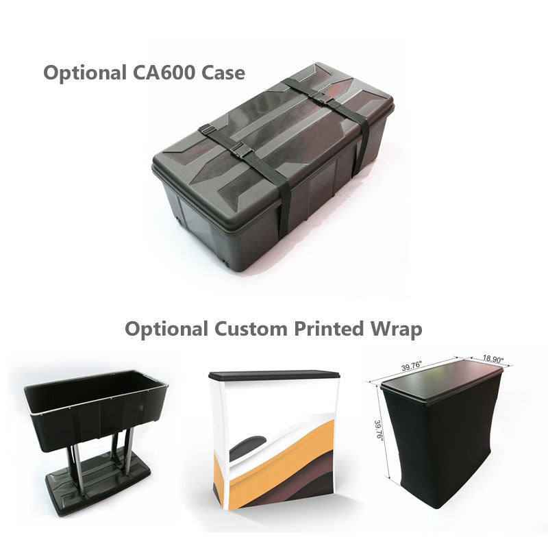 The image features a black optional CA600 carrying case above three display counter options—including a custom printed wrap and two black counters—perfect for your Affordable Exhibit Displays 20ft Waveline Media B-Series Osprey setup.