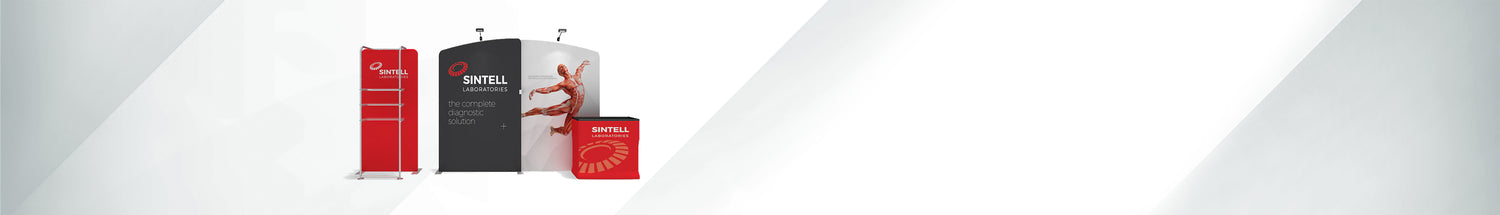 10ft Trade show display backwall with case-to-counter kit, LED lights and a product display stand.