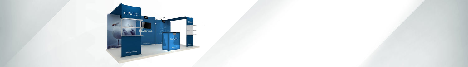 10ft x 20ft Trade show display it with shelving, monitor mount and illuminated backlit counter.