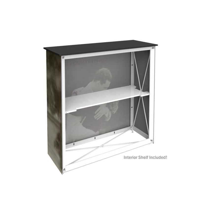 Embrace Tension Fabric Light Box Counter by Affordable Exhibit Displays: Rectangular display cabinet with black top, white frame, single white interior shelf, and SEG fabric graphic of two people dancing. Interior Shelf Included!.