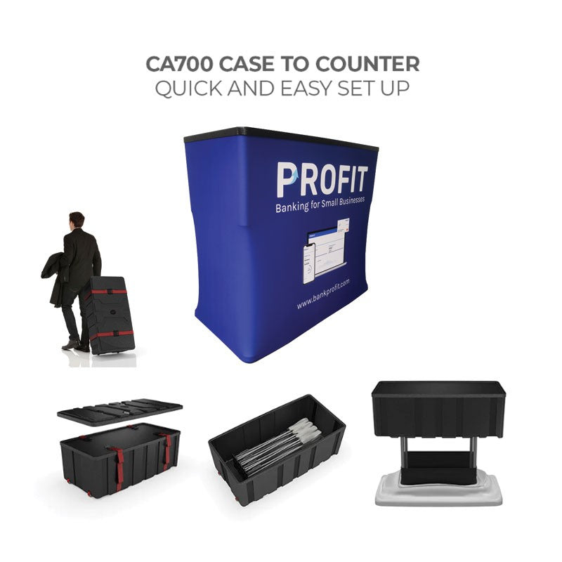 A person pulls a black 10ft Waveline Media M-Series Kit 09 case by Affordable Exhibit Displays, which converts into a blue promotional counter with PROFiT Banking for Small Businesses—ideal for trade shows. Smaller images show the case opening and its contents.