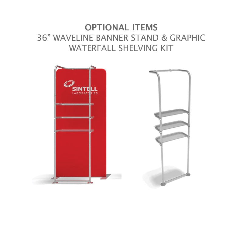 Two display options for the 10ft Waveline Media M-Series Kit 09 by Affordable Exhibit Displays: a red tension fabric banner stand with shelves labeled Sintell Laboratories (left), and a silver metal shelving kit with three angled shelves (right). Optional items shown.