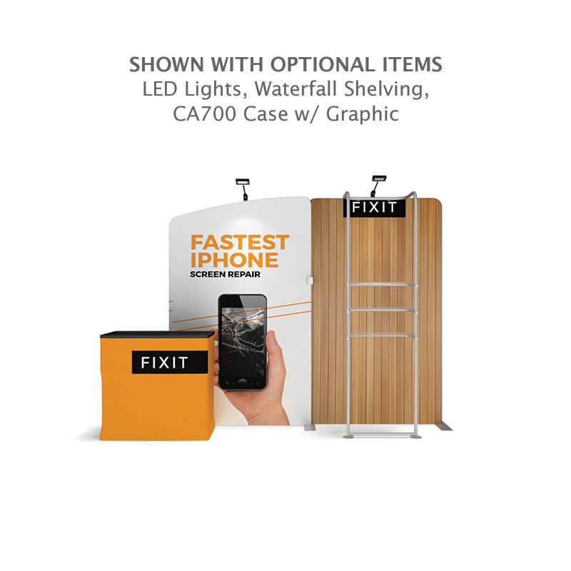 The 10ft Waveline Media M-Series Kit 03 from Affordable Exhibit Displays is a trade show booth for FIX IT iPhone screen repair, featuring a branded counter, fabric backdrop with a hand and phone image, shelving unit, plus optional LED lights and display case.