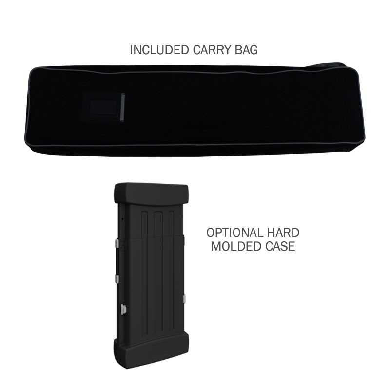 A soft black carry bag for your Orient Standard Retractable Banner Stand and a black hard molded case are shown separately, labeled INCLUDED CARRY BAG above the bag and OPTIONAL HARD MOLDED CASE above the case.
