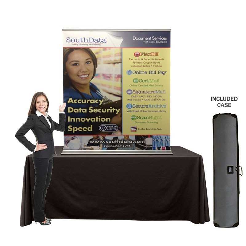 A photo of a table top display banner stand with a woman and case infront of the table on a white background.