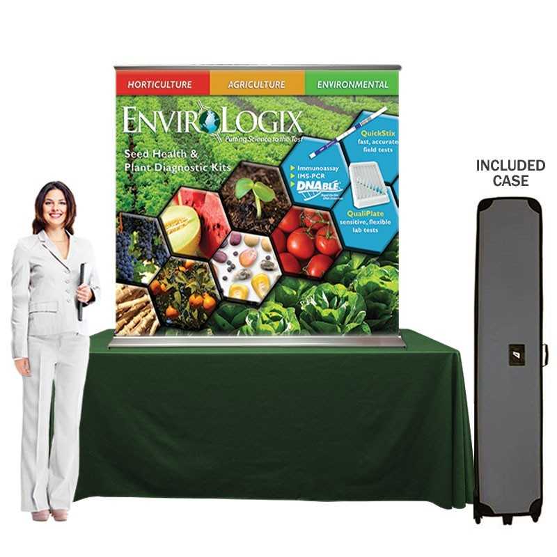 A picture of a table top banner stand with a woman and case in the photo on a white backdrop.