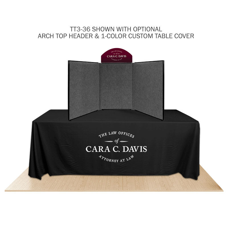 Promoter backlit table top display with solid gray background and arch top on white background.