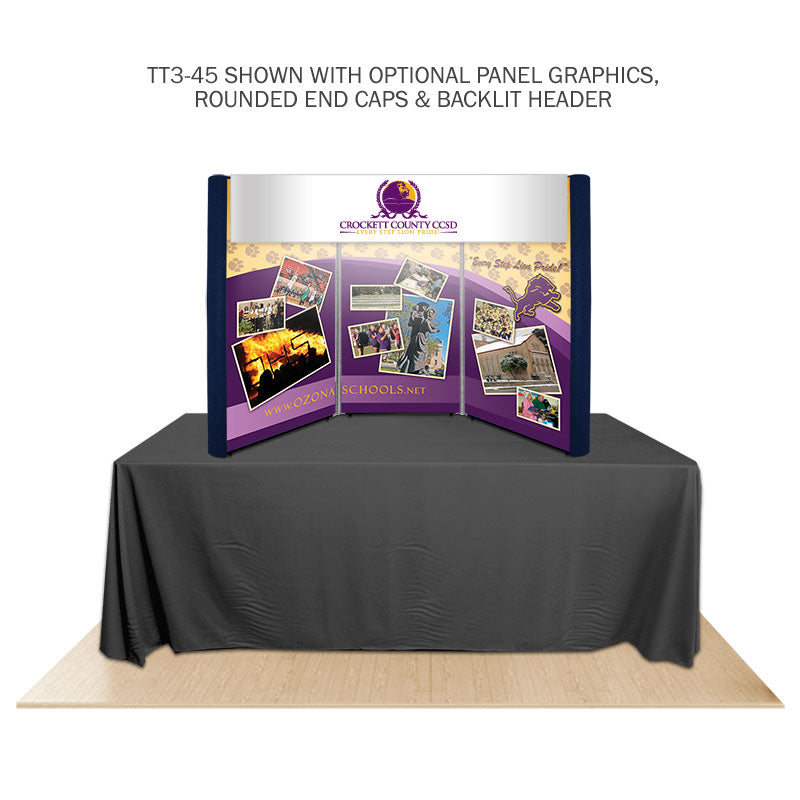 Table top display with panel graphics on a gray table.
