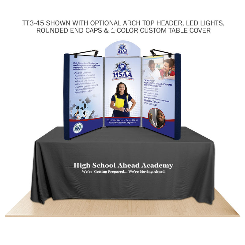 Promoter backlit table top display with panel graphics on white background.