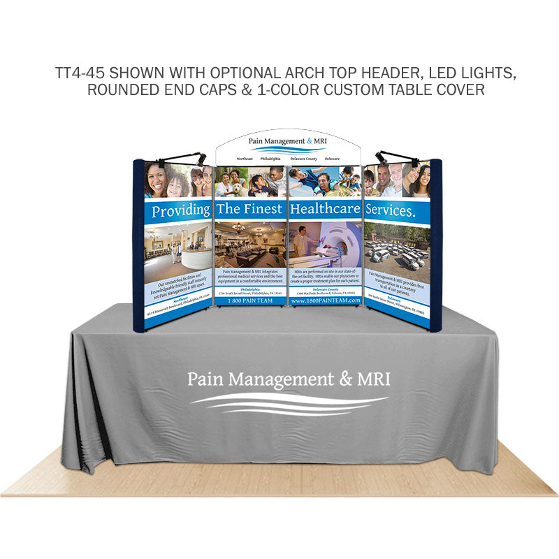 Promoter backlit table top display with images on white background.