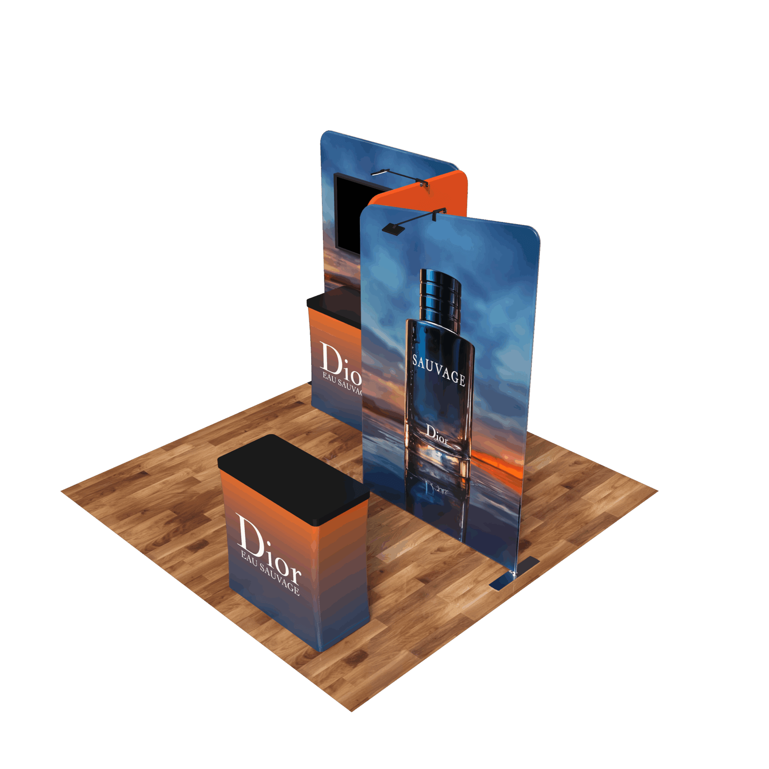 The Waveline 10ft Capricorn Booth Kit by Affordable Exhibit Displays features two standing banners and two counters with Dior branding on a wooden floor. The banners display a large Sauvage bottle against a sunset sky backdrop.