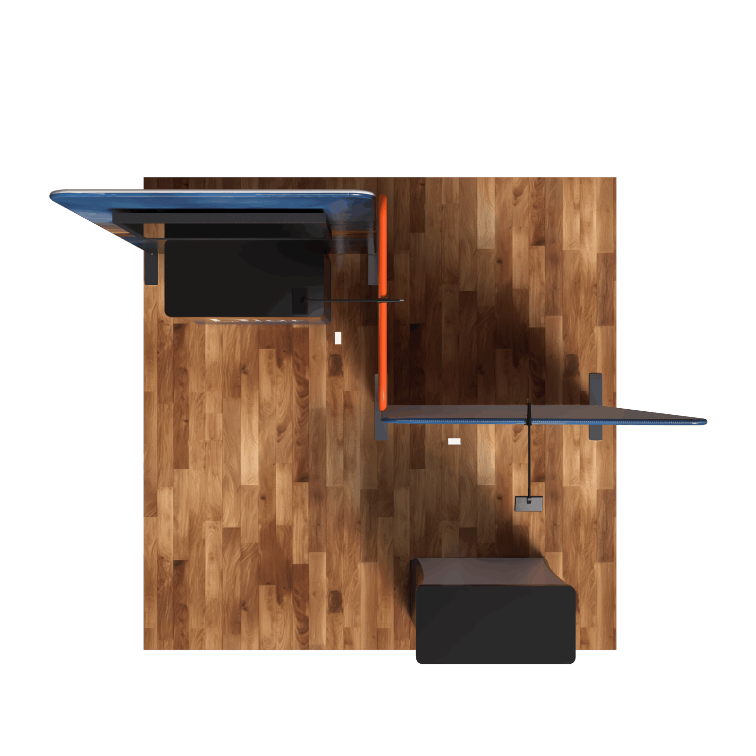 Overhead view of two desks with chairs on a wood floor, separated by an orange divider, showcasing the sleek Waveline 10ft Capricorn Booth Kit from Affordable Exhibit Displays in a minimal, organized tradeshow display setup.