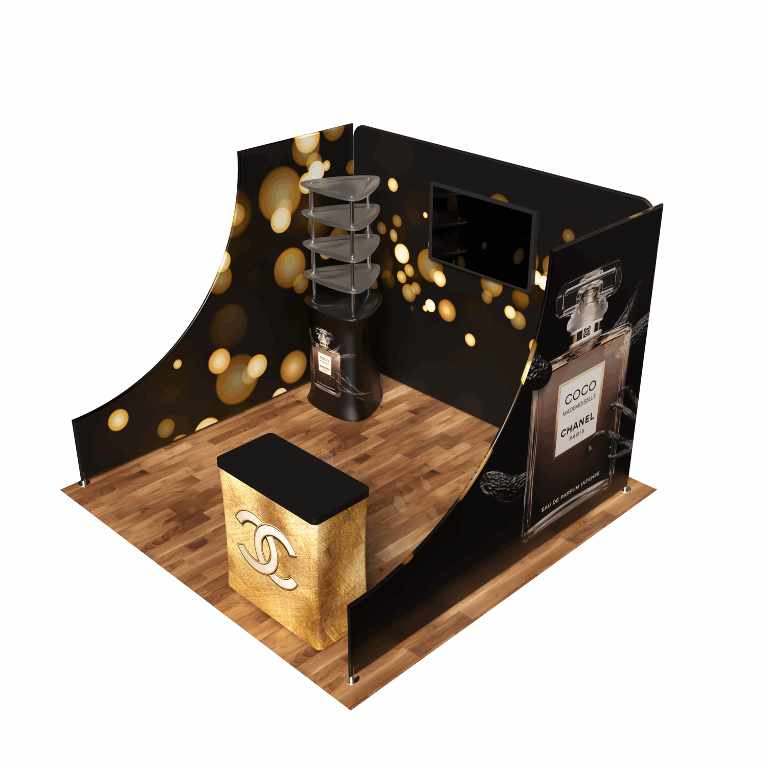 The Waveline 10ft Hermes Booth Kit from Affordable Exhibit Displays offers wooden flooring, black walls with gold bokeh lights, Chanel Coco perfume graphics, a gold Chanel-branded counter, and tiered black shelves—ideal for an elegant exhibit booth.