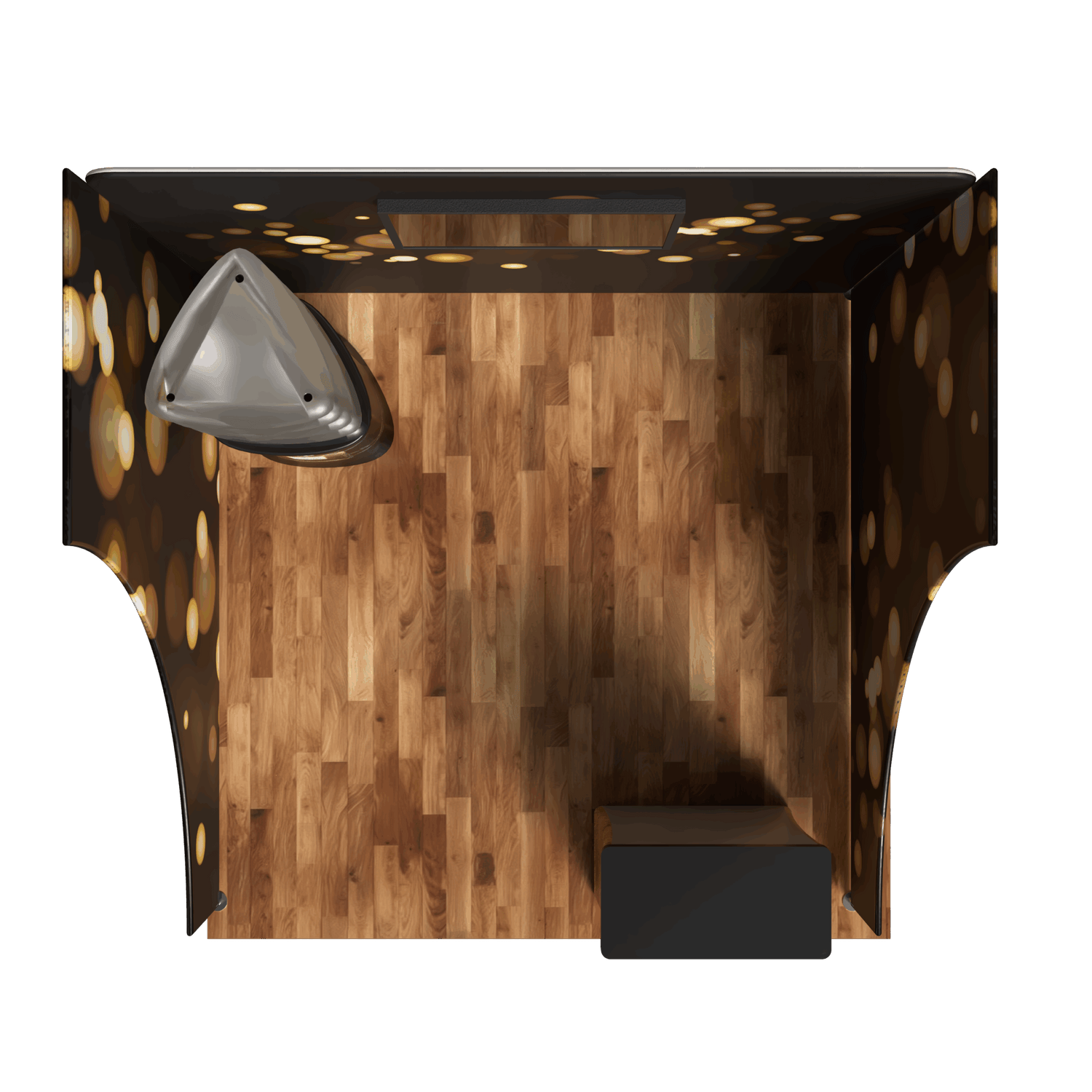 Top-down view of the Waveline 10ft Hermes Booth Kit by Affordable Exhibit Displays—features wood flooring, dark walls with yellow bokeh lights, a triangular silver fixture, and a black counter near the entrance; perfect for tradeshows.