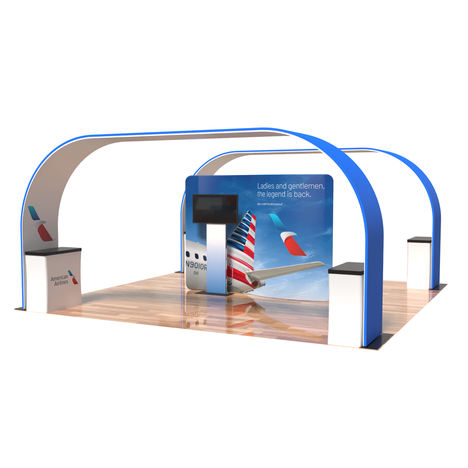 A modern exhibitor booth by Affordable Exhibit Displays featuring the Waveline 20ft Barbados Booth Kit with blue and white arches, American Airlines branding, a large display screen, and airplane tail image.