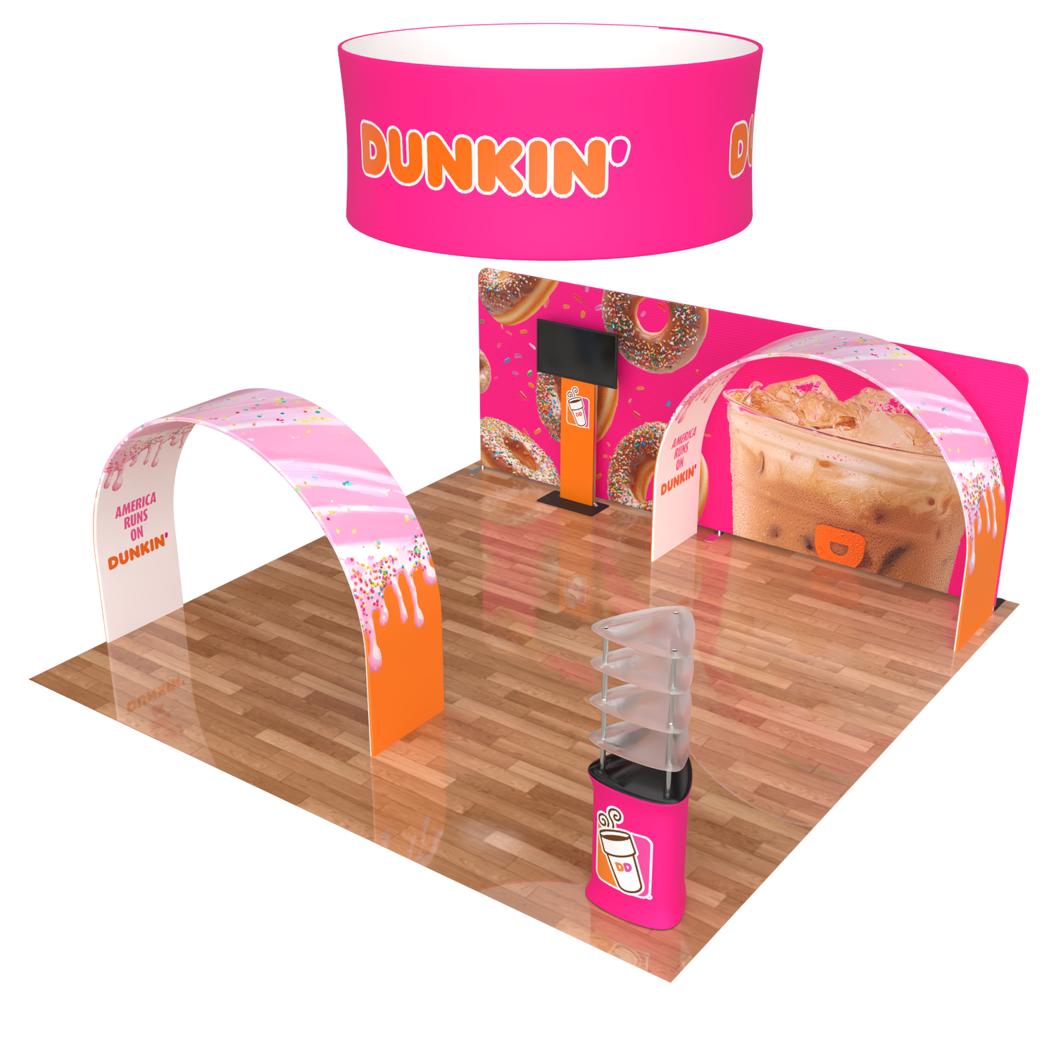 The Waveline 20ft Maui Booth Kit by Affordable Exhibit Displays features pink Dunkin branding, donut and iced coffee graphics, curved arches, a counter with cup graphic, and a circular overhead sign—ideal as a standout tradeshow display on wood flooring.