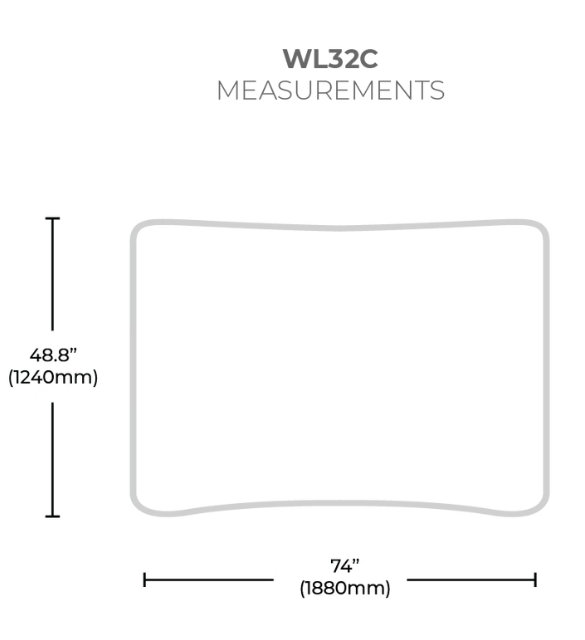 informational graphic on a measurements for the 8ft waveline curved table top display.