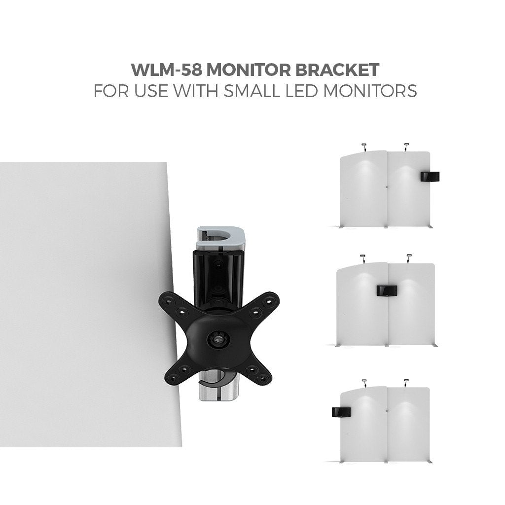 Top view of a black WLM-58 monitor bracket attached to a 20ft Waveline Media B-Series Osprey by Affordable Exhibit Displays, with side images showing it support LED monitors—ideal for small screens at your trade show display.
