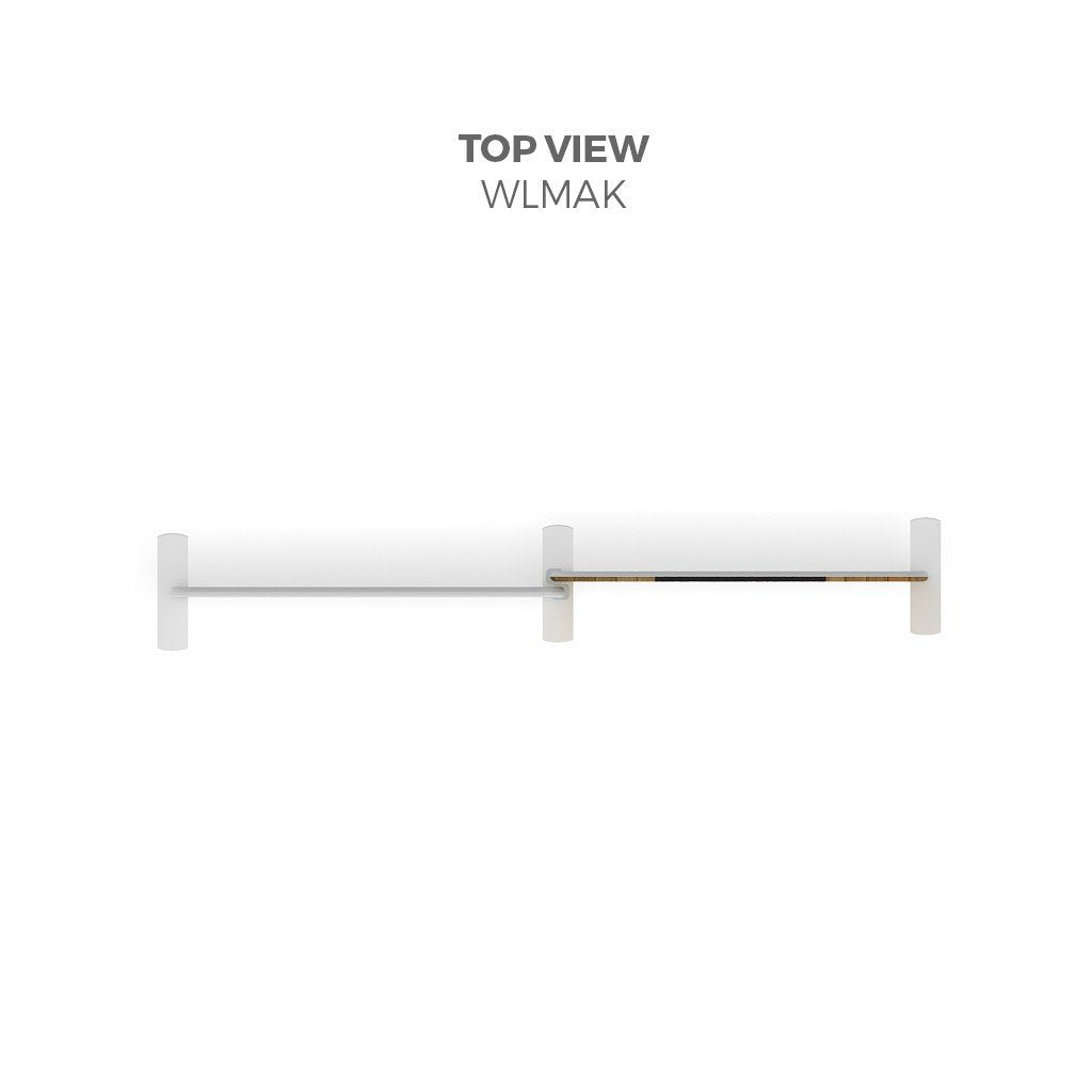Top view of a minimalistic wall-mounted shelf with two white vertical supports and a horizontal bar—ideal for displaying products like the 10ft Waveline Media M-Series Kit 03 by Affordable Exhibit Displays at your next trade show.