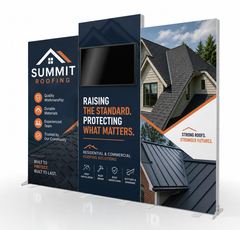 Summit Roofing display stand with branding and roofing solutions text