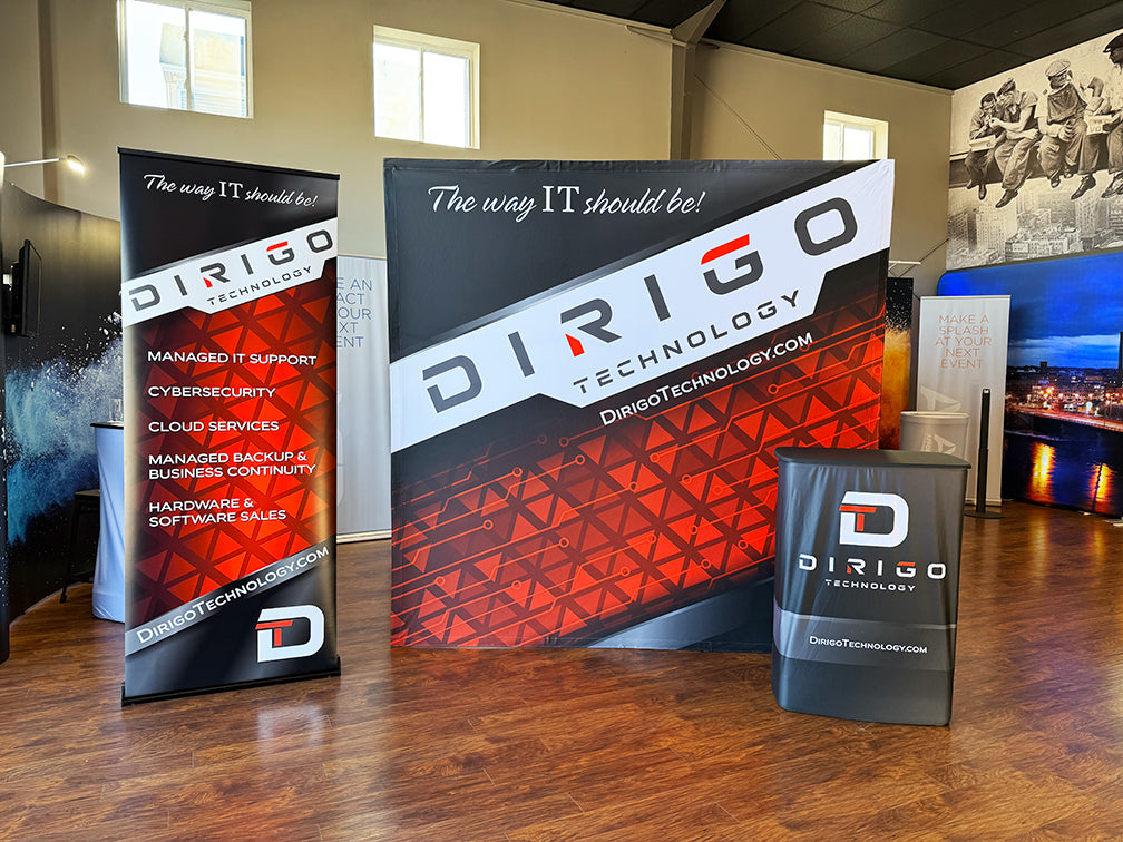 Dirigo Technology promotional materials including an 8ft display backdrop, retractable banner stand and case-to-podium kit