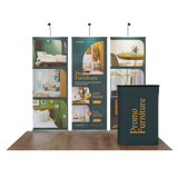 3 green banner stands on a wooden floor with a podium and a transparent background